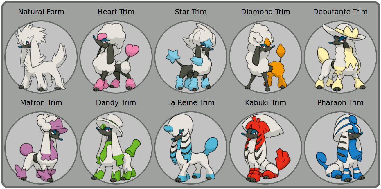 The 10 different haircuts for Furfrou, the poodle pokemon.